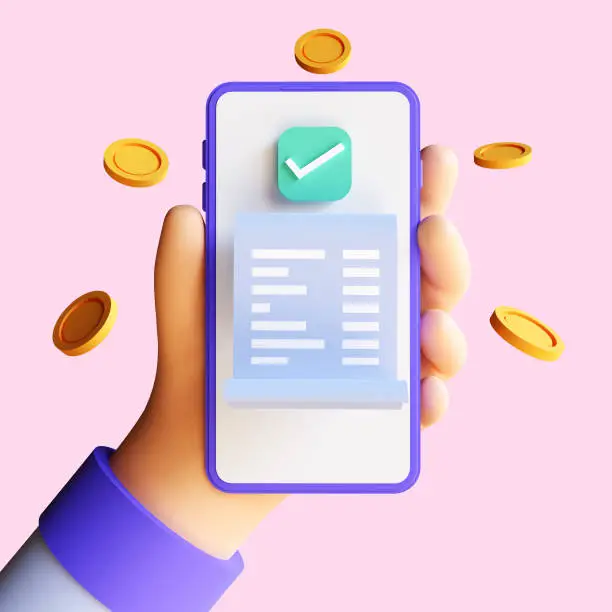 Photo of 3d render of Online Payment concept, transaction receipt online payment icon, transfer money with atm on smartphone. Isolated on pink background