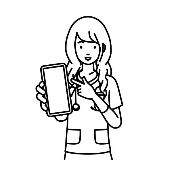 Vector illustration of a nurse woman recommending, proposing, showing and pointing smart phone mock-up screen with a smile