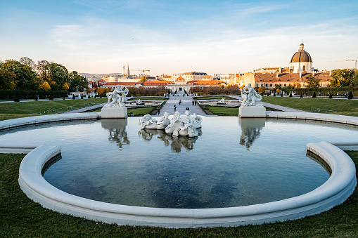 Vienna, Austria - October 24 2019: Fountains at park Belvedere in Vienna. The Lower Belvedere is a Baroque palace built in the 18th-century. It is part of the Belvedere complex.