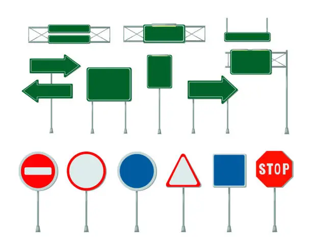 Vector illustration of Blank road signs on metal poles vector illustrations set