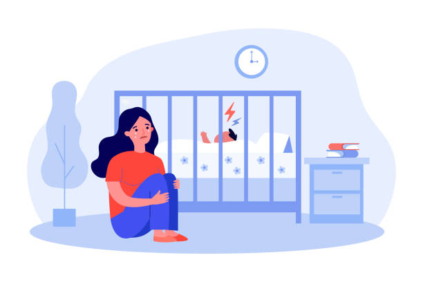 아기의 큰 울음 소리 때문에 우울증과 불안에 어머니 - baby mother family crib stock illustrations