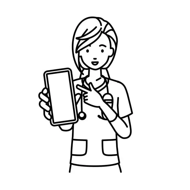 Vector illustration of a nurse woman recommending, proposing, showing and pointing smart phone mock-up screen with a smile
