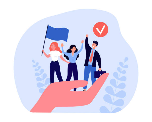 Giant hand holding tiny business professionals Giant hand holding tiny business professionals. Woman standing with waving flag flat vector illustration. Trade union, corporate insurance concept for banner, website design or landing web page landing touching down stock illustrations