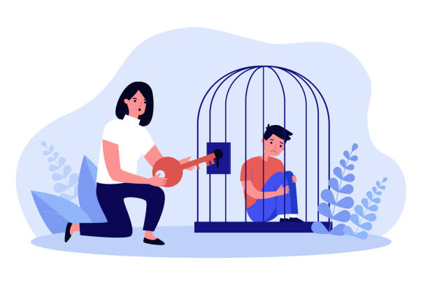 ilustrações de stock, clip art, desenhos animados e ícones de woman opening locked cage with key to help child - technology business support violence