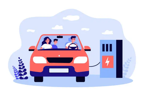 Vector illustration of Happy family charging electric car at station with charger