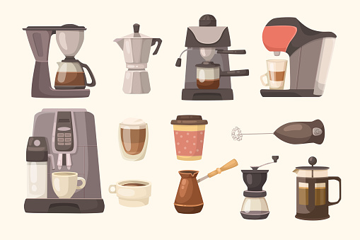 Different coffeemakers vector illustrations set. Collection of coffee or espresso machines with filters, cups and mugs, moka pot, Turkish cezve on white background. Equipment, appliances concept