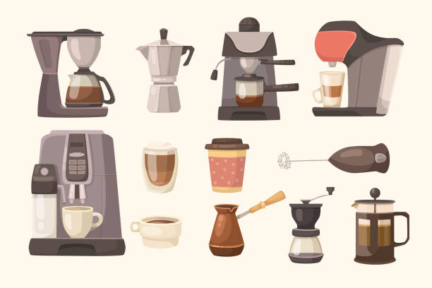Different coffeemakers vector illustrations set Different coffeemakers vector illustrations set. Collection of coffee or espresso machines with filters, cups and mugs, moka pot, Turkish cezve on white background. Equipment, appliances concept coffee pot stock illustrations
