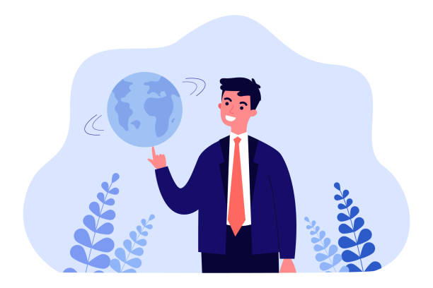 Happy businessman or boss spinning globe on finger Happy businessman or boss spinning globe on finger. Man holding planet Earth flat vector illustration. Power to control world, globalization concept for banner, website design or landing web page finger spinning globe stock illustrations
