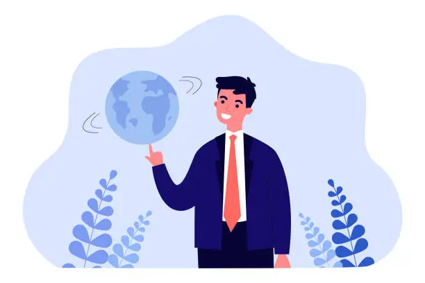 Vector illustration of Happy businessman or boss spinning globe on finger