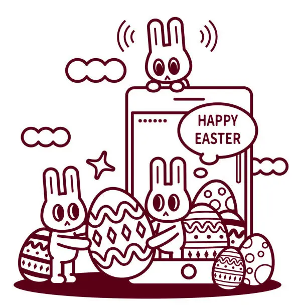 Vector illustration of Easter greetings with smartphone, happy Easter bunny turning up on smartphone screen and sending Easter Eggs