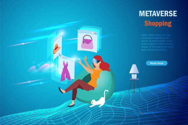 metaverse online-shopping in virtual-reality-umgebung. frau tragen vr-brillenglas zu hause genießen 3d-erlebnis-shopping auf metaverse-bildschirm-gerät - metaverse stock-grafiken, -clipart, -cartoons und -symbole