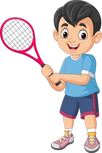 Cartoon little boy playing tennis