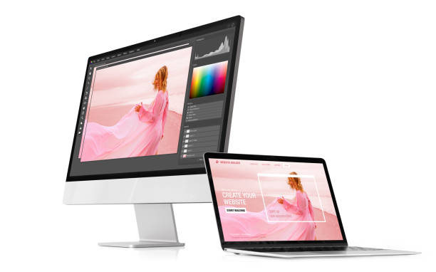 Modern desktop and laptop computers with sample software interfaces on the screen stock photo
