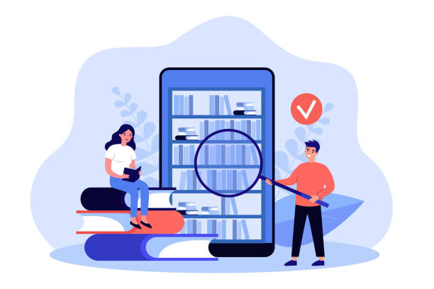 Students searching, learning and reading books in database Students searching, learning and reading books in database. Tiny man using magnifying glass flat vector illustration. Content, online library concept for banner, website design or landing web page library stock illustrations