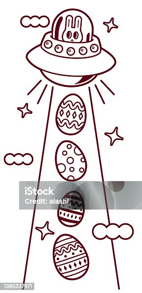 istock Happy Easter Bunny on the UFO collecting Easter Eggs 1385337971