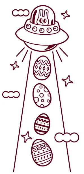 Vector illustration of Happy Easter Bunny on the UFO collecting Easter Eggs