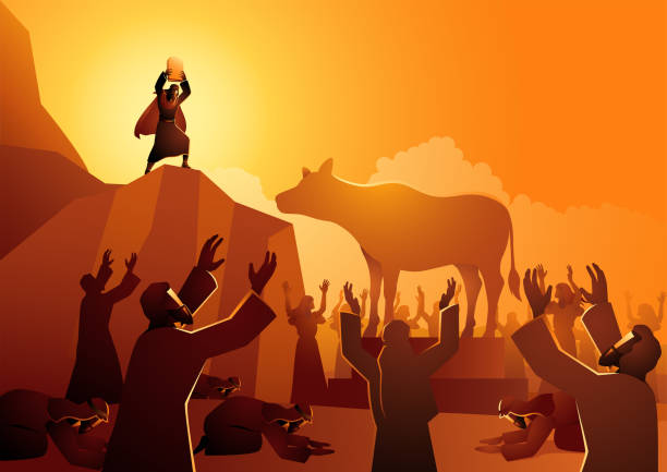Angry Moses threw the tablets out of his hands Moses angry when he approached the camp and saw the calf and the dancing and threw the tablets out of his hands wrath of god stock illustrations