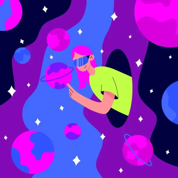 Vector illustration of Metaverse or Virtual reality concept. Woman in digital glasses flying in outer space among planets and stars. Modern technological entertainment.