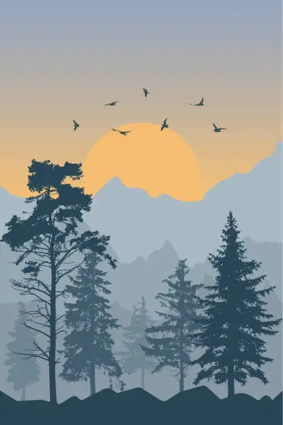 Vector illustration of Forest and mountains and flying birds on background of sunrise, silhouette. Beautiful landscape. Vertical wallpaper of nature. Vector illustration.