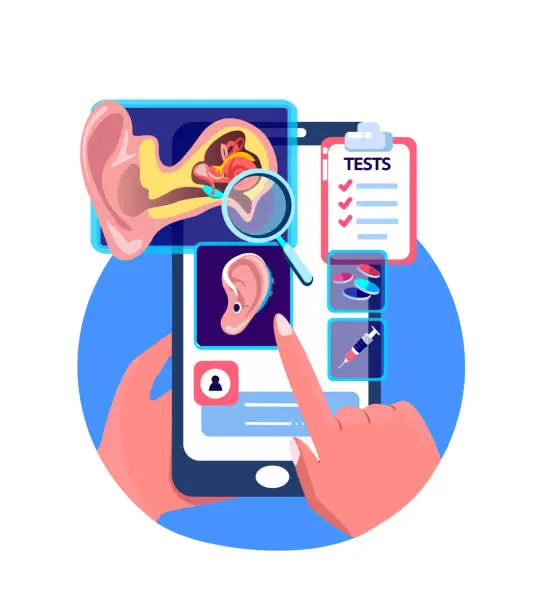 Vector illustration of Audiologist Online ENT-Diagnostics.Otitis Inflammation,Ear Pain.Touchscreen Mobile Application.Smartphone Ear Consultation.Digital Treatment. ORL Clinic. Internet Diagnostics. Flat Vector Illustration