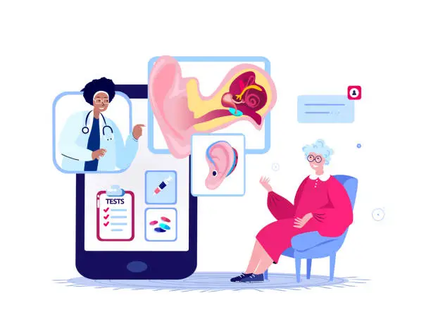 Vector illustration of Online Audiologist ENT-Doctor Consultate Old Retired Woman Patient.Inflammation Ear.Hearing Anatomy Structure.Otitis Pain,Digital Treatment.ORL Clinic.Internet Medical Hospital Diagnostic.Illustration