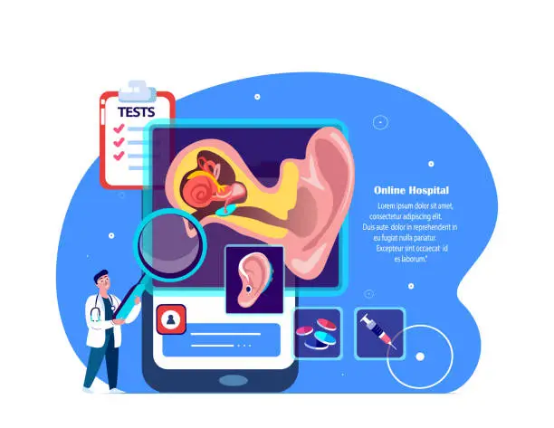 Vector illustration of Audiologist,ENT-Doctor Scientist Examine Ear Anatomy Structure.Otitis Inflammation.Ear Pain Digital Treatment.Online Smartphone Consultation.Medical Internet Diagnostics.ORL Clinic.Vector Illustration