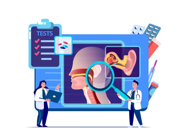 Vector illustration of ENT-Doctors Scientists Examine Ear,Nose,Throat.Tonsilis,Sore Throat,Otitis,Larynx,Sinusitis Digital Treatment.Research Trial.Clinical Investigation.ORL Clinic. Medical Council Diagnostics Illustration