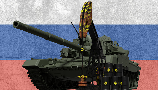 Close-up of Russian T90 tank on oil platform and oil barrels. russian concept of war russia ukraine. 3d rendering
