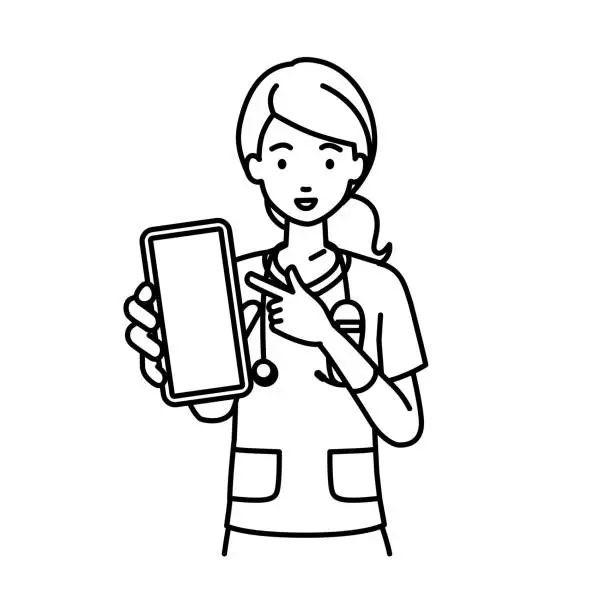 Vector illustration of a nurse woman recommending, proposing, showing and pointing smart phone mock-up screen with a smile