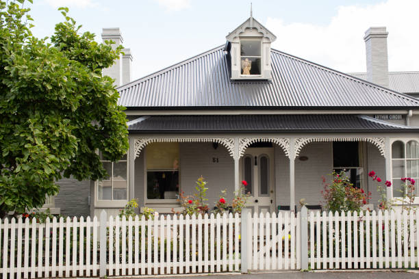 Battery Point, Tasmania, Australia, March 10, 2022: Historic cottages situated on Arthurs Circus in Battery Point named after the battery of guns which were established on the point in 1818 as part of the Hobart coastal defences