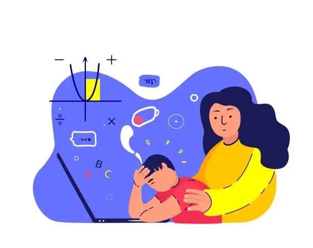 Vector illustration of Tired Busy Exhausted Pupil Boy Study Online School in Laptop.Mother Support,Maintain Son.Depressed Teenager.Mom Protect Teen Child Student,Schoolboy.No energy.Fatigue,Weakness.Flat Vector Illustration