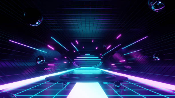 istock 3d abstract neon background, geometric background with polygonal structure, cyber space virtual reality, Podium show products, place for product, colored neon lights, retro sci-fi style 1385369668