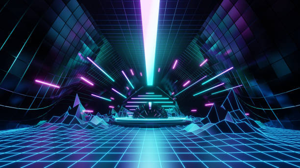 istock 3d abstract neon background, geometric background with polygonal structure, cyber space virtual reality, Podium show products, place for product, colored neon lights, retro sci-fi style 1385370261
