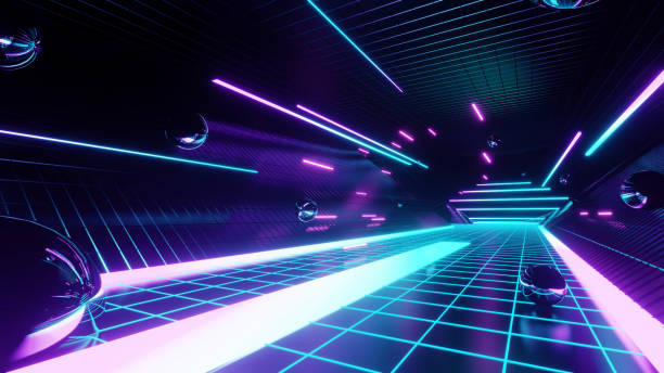 istock 3d abstract neon background, geometric background with polygonal structure, cyber space virtual reality, Podium show products, place for product, colored neon lights, retro sci-fi style 1385370800