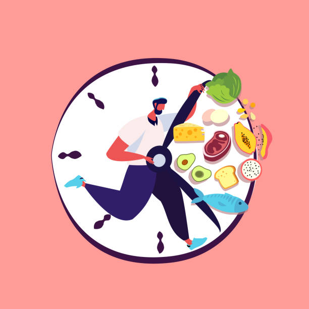 istock Intermittent fasting concept. Man Run in Clock waiting for time to eat healthy food. Boy trying to lose weight standing by interval nutrition discipline. Biohacking element. Flat vector illustration 1385373419