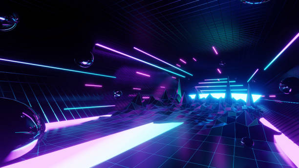 istock 3d abstract neon background, geometric background with polygonal structure, cyber space virtual reality, Podium show products, place for product, colored neon lights, retro sci-fi style 1385373609
