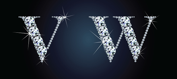 Diamond alphabet letters. Stunning beautiful VW jewelry set in gems and silver. Vector eps10 illustration.
