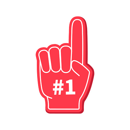 istock Foam finger. 1 number on foam finger. Hand of fan. Hand in glove with one number and finger. Icon for fan, sport, cheer, best and team. Support symbol. Isolated logo. Vector 1385378028