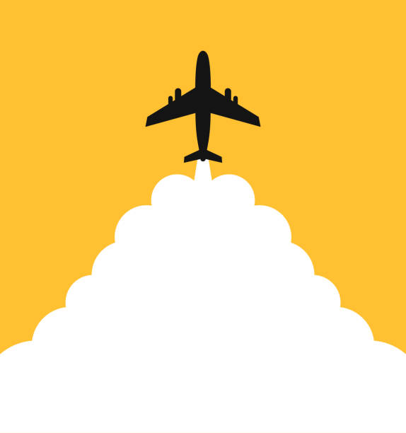 ilustrações, clipart, desenhos animados e ícones de plano com fundo para texto. avião de decolagem com nuvens brancas e fundo para texto. caminho aéreo abstrato do avião de voo. avião de silhueta com rota. vetor - viagem