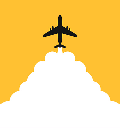 Plane with background for text. Takeoff airplane with white clouds and background for text. Abstract air path of flight airplane. Silhouette plane with route. Vector.