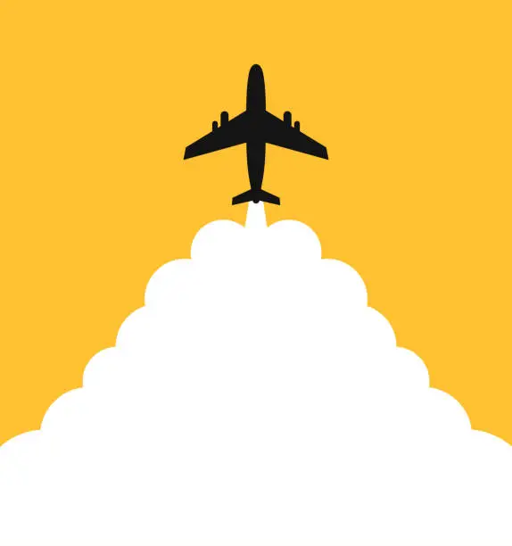 Vector illustration of Plane with background for text. Takeoff airplane with white clouds and background for text. Abstract air path of flight airplane. Silhouette plane with route. Vector