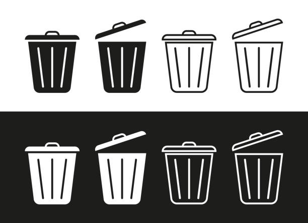 Bin trash icons. Bin garbage icons. Dustbins isolated on black and white background. Line symbols for waste. Logo of rubbish. Flat wastebaskets. Vector Bin trash icons. Bin garbage icons. Dustbins isolated on black and white background. Line symbols for waste. Logo of rubbish. Flat wastebaskets. Vector. black trash bin stock illustrations