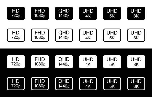 symbole für 4k-, hd-, ultra-hd-, voll-, 8k-videoauflösungen. logos von videoauflösungen. umreißen sie isolierte symbole auf weißem und schwarzem hintergrund. vektor - hd 1080 stock-grafiken, -clipart, -cartoons und -symbole