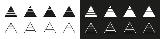 икона пирамиды. графические логотипы пирамид изолированы на белом и черном фоне. линейные силуэты с 3 секциями. треугольник для инфографики - picto stock illustrations