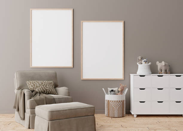 istock Two empty vertical picture frames on brown wall in modern child room. Mock up interior in scandinavian style. Free, copy space for your picture. Armchair, toys. Cozy room for kids. 3D rendering. 1385380862