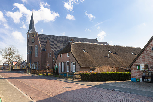 Street overlooking the village church in the center of the religious village of Staphorst.