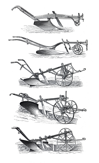 Agricultural tools . different antique land plow tools. Hand drawn engraved illustration. gardening tools for plouging the land. collection of vintage land plows. for growing basic foods.