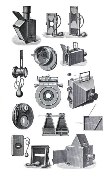 Vintage and antique collection of photo camera's or photographic equipment. hand drawn engraved illustration. big collection of antique and analog technology. Vintage and antique collection of photo camera's or photographic equipment. hand drawn engraved illustration. big collection of antique and analog technology. camera engraving old retro revival stock illustrations