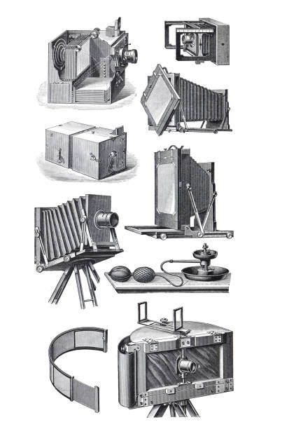 ilustrações de stock, clip art, desenhos animados e ícones de vintage and antique collection of photo camera's or photographic equipment. hand drawn engraved illustration. big collection of antique and analog technology. - camera engraving old retro revival