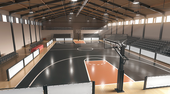 Basketball court with hoop and tribune mockup, top view, 3d rendering. School or professional basketball field or area background. Sport floor surface for tournament or league game template.